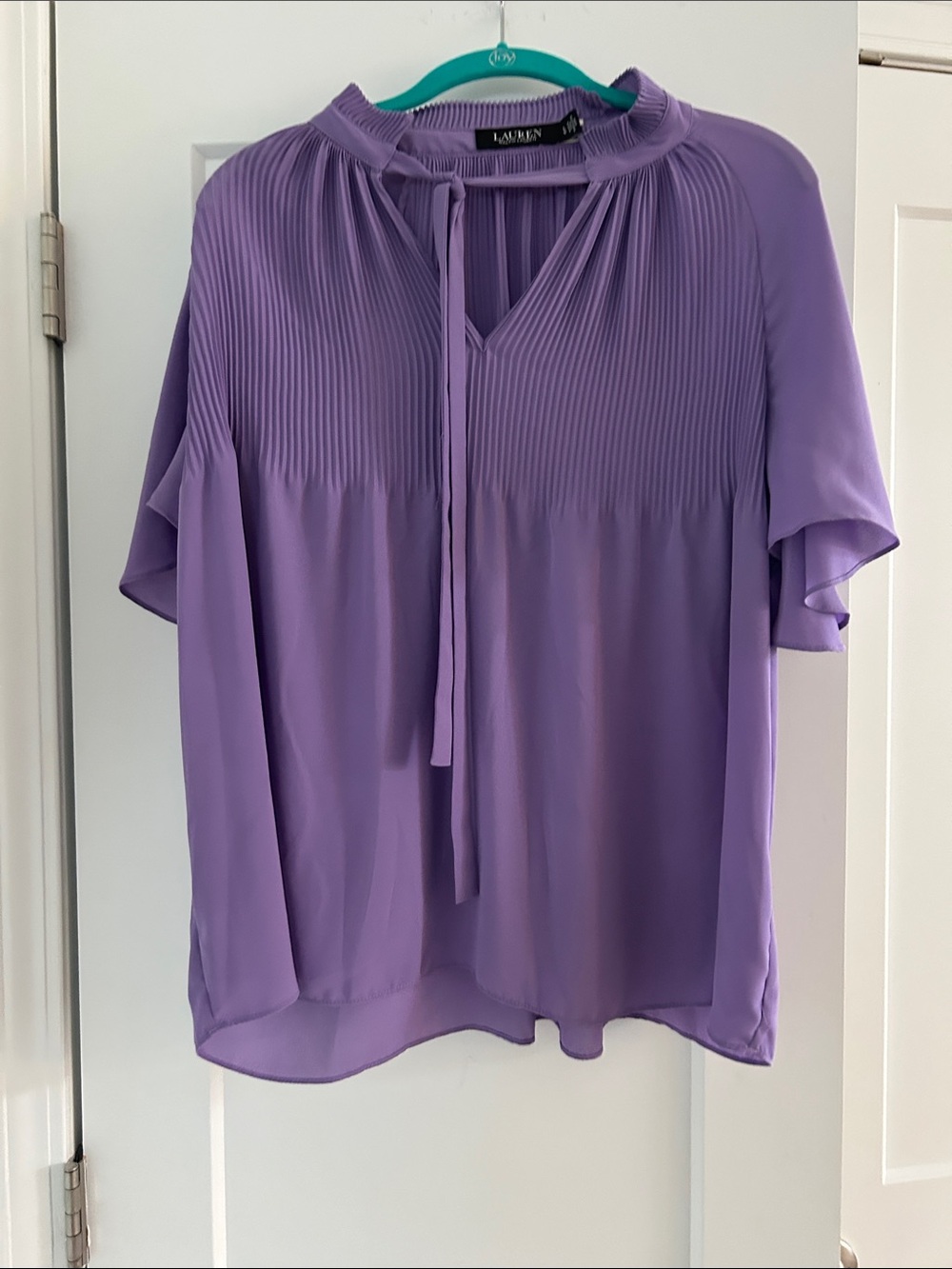 Lauren Ralph Lauren Deep Lavender Tie-Neck Pleated Yoke Blouse